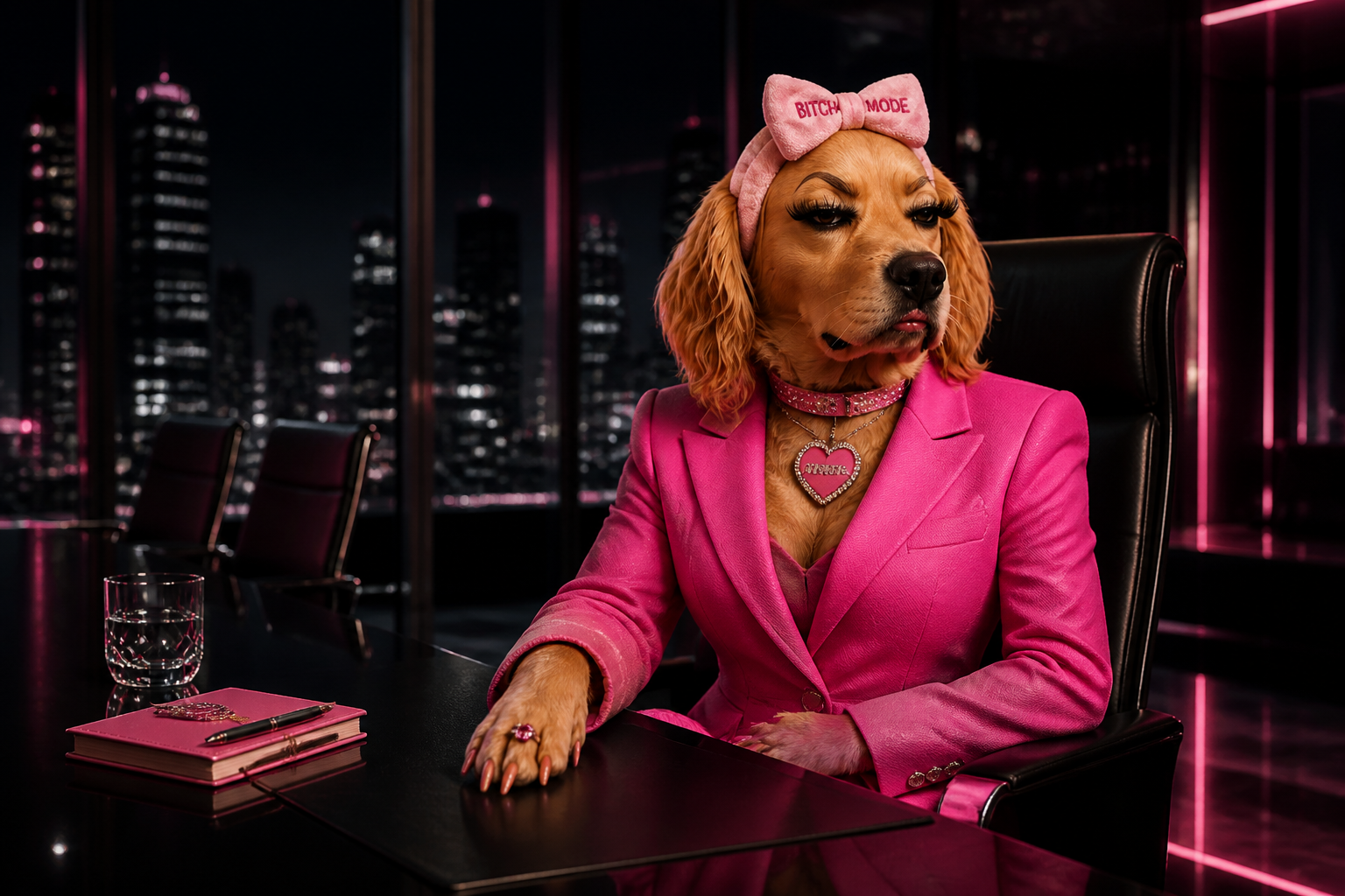 The $BITCH dog character in a pink power suit commanding a luxury boardroom