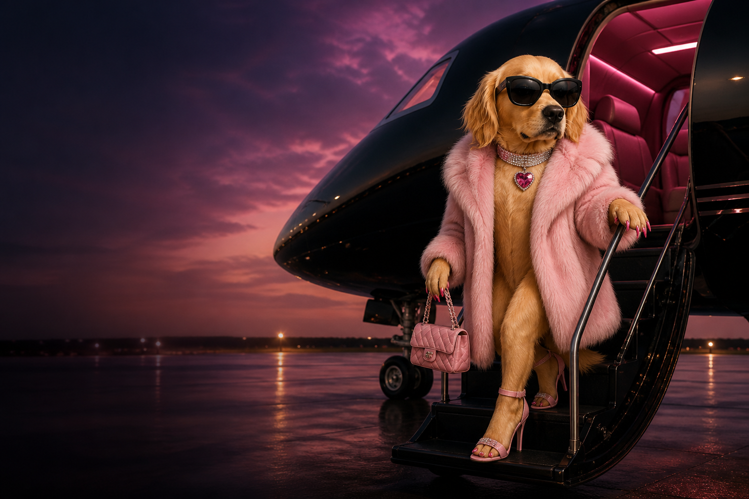 The $BITCH dog character arriving beside a private jet